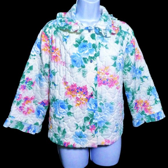 Vintage 50s House Coat Bed Jacket Floral Quilted Pearl Snap Ruffles Country L